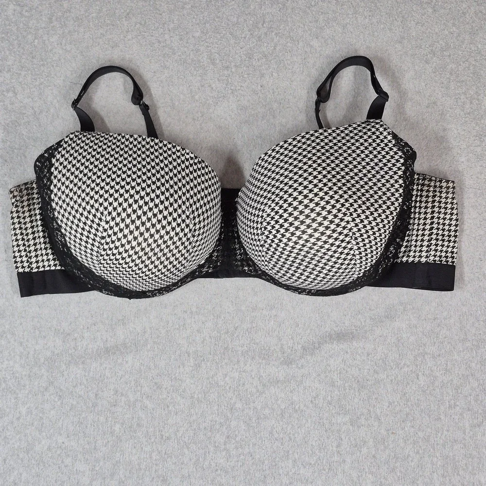 Cacique Women Bra 50DD Black Houndstooth Lightly Lined Balconette
